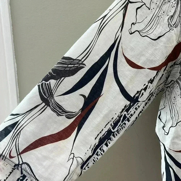 [Size4]Maloka Linen Blend  Button Down Black Lily Sketch Art light Jacket/Blouse - Picture 4 of 11